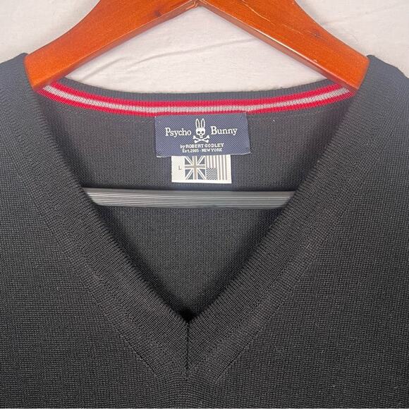 Psycho Bunny Merino Wool V Neck Sweater Mens Large Black Pullover Quiet Luxury - Picture 4 of 10